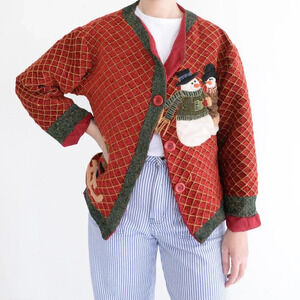 Red & Green Holiday Festive Snowman Button Up Cardigan Jacket Ugly Christmas M